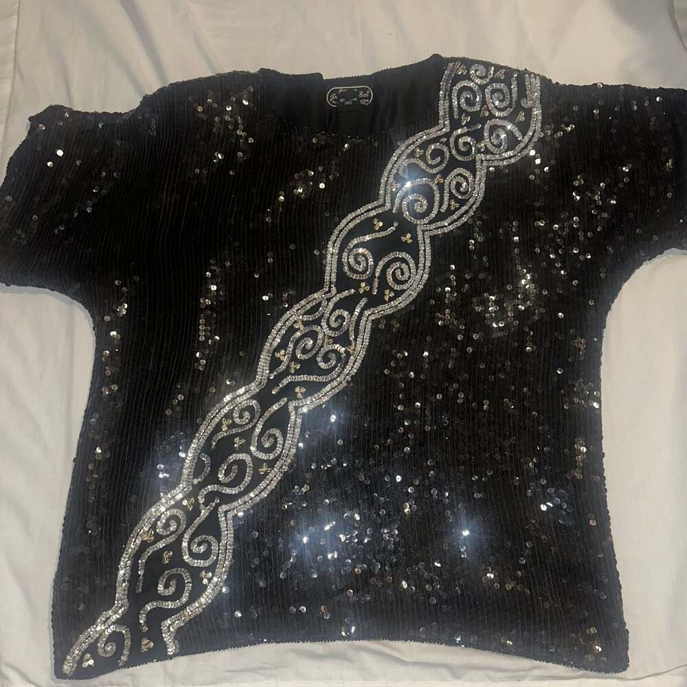 Vintage Joseph Le Bon 100% Silk Black Silver Beaded Cross Glam Tunic Blouse M - Picture 1 of 6